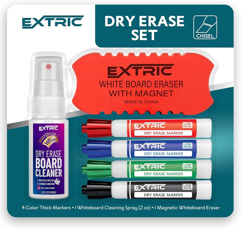 EXTRIC Dry Erase Markers Chisel Tip Set, 4 Whiteboard Markers, Whiteboard Cleaner and Eraser, Low Odor Dry Erase Marker with Eraser Bundle for Home, Teachers Supplies, and School Supplies - Image 1